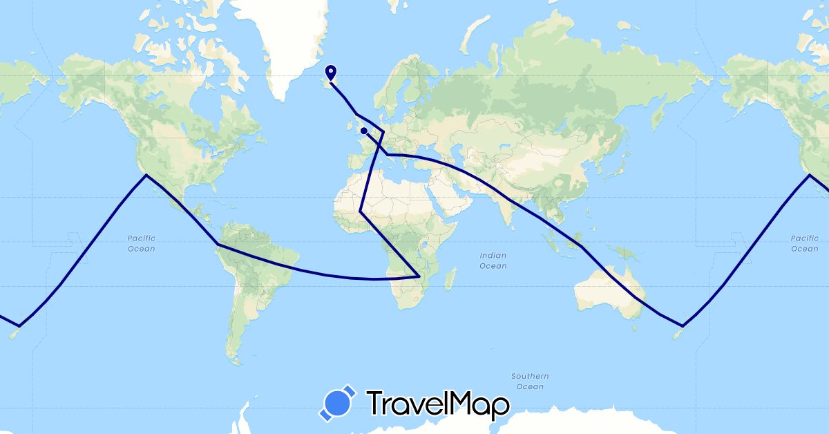 TravelMap itinerary: driving in Germany, United Kingdom, Indonesia, India, Iceland, Italy, New Zealand, United States (Asia, Europe, North America, Oceania)